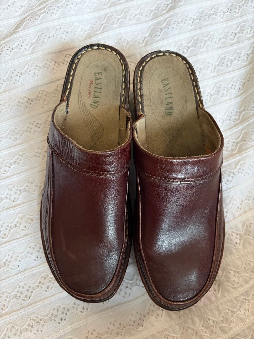 Eastland Brown Leather Comfort Clog Mules Slip On Shoes Womens 8.5 Wide W